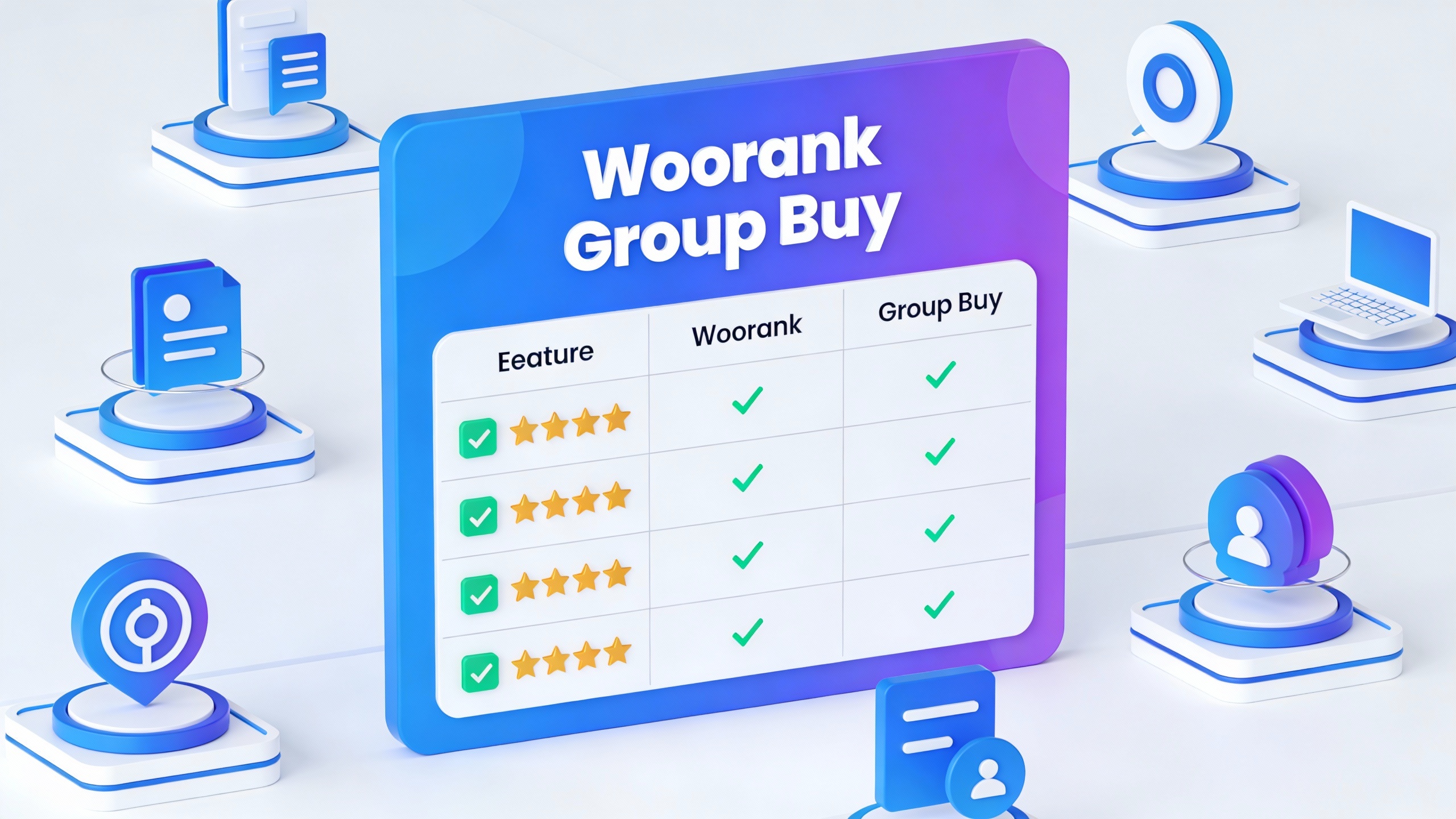 Feature comparison grid for Woorank Group Buy with checkmarks, star ratings, and benefit icons in modern flat design. Multi-color accent scheme.