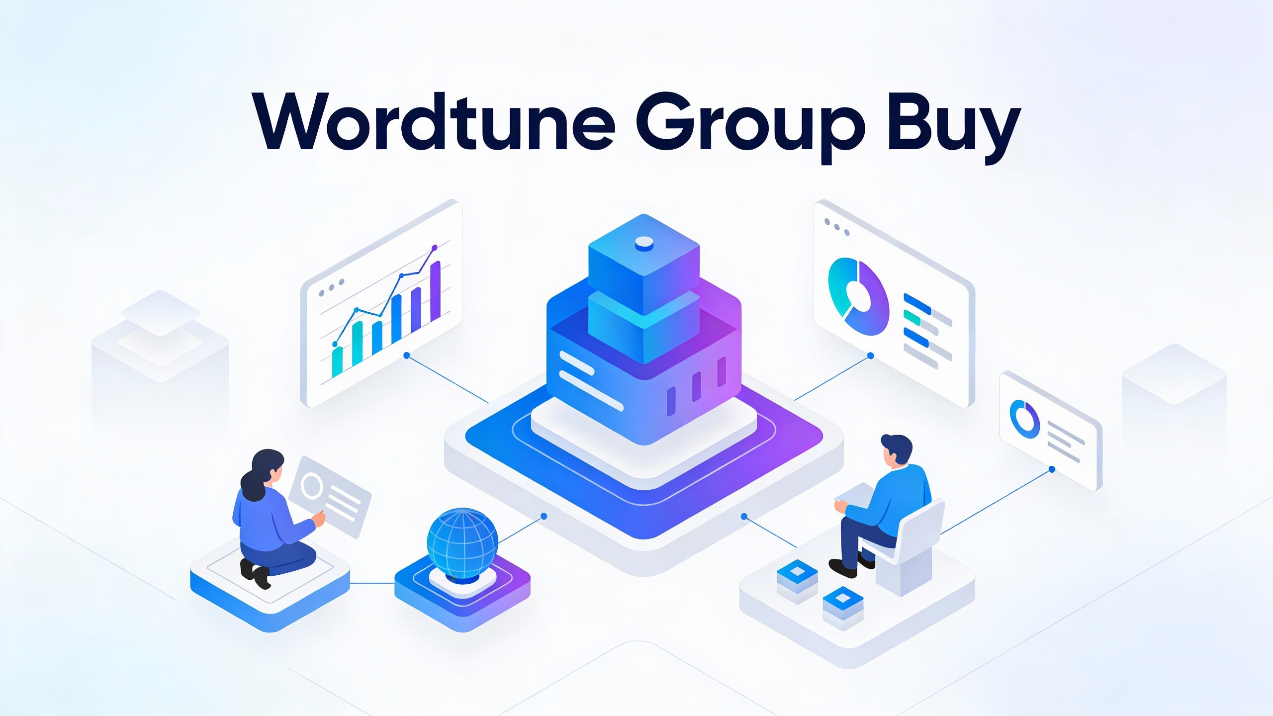 Modern tech platform interface for Wordtune Group Buy with clean UI elements, data visualizations, and workflow icons. Minimalist vector style.