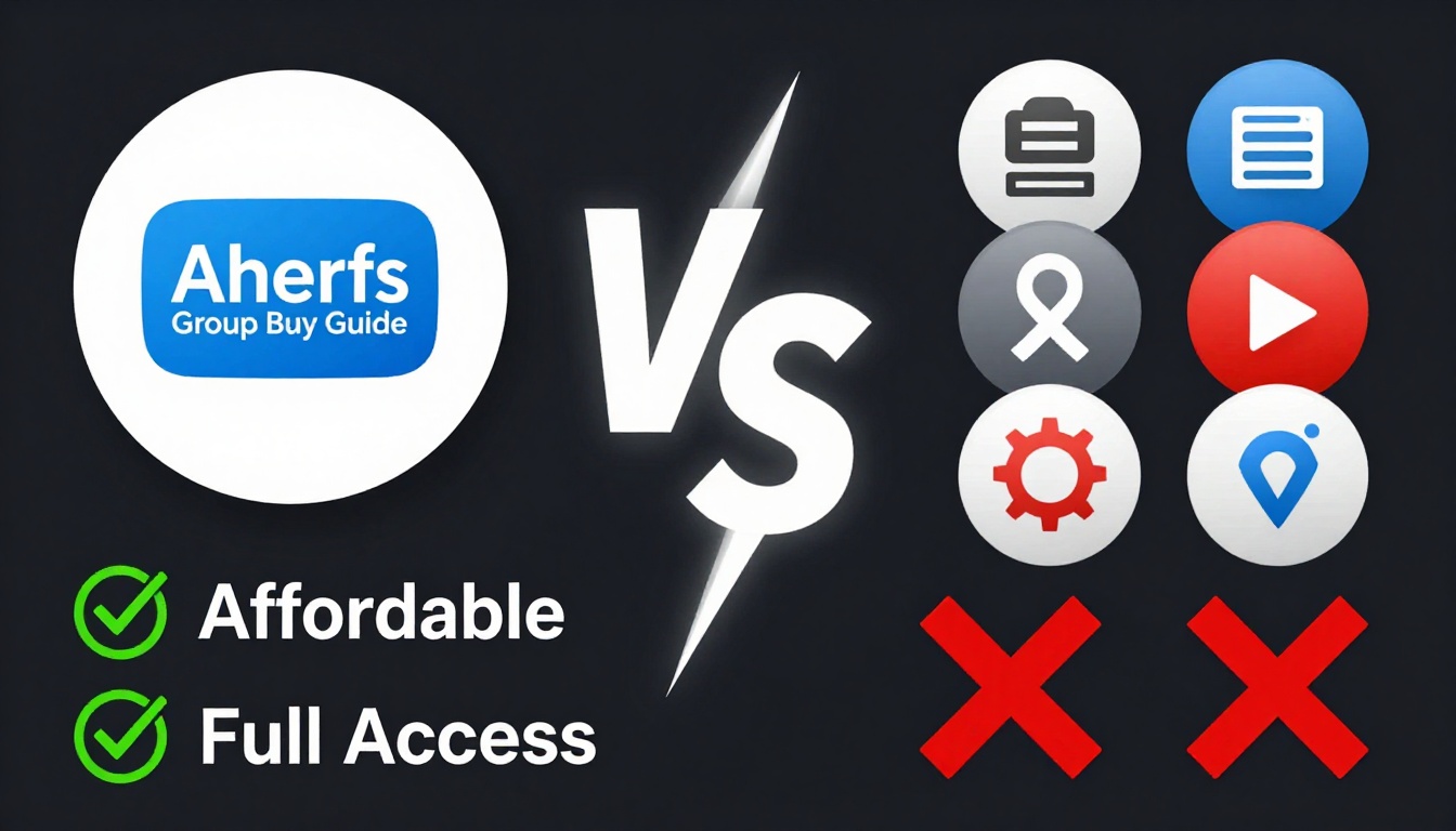 YouTube thumbnail marketing style. "VS" comparison layout.
Ahrefs Group Buy Guide logo/icon