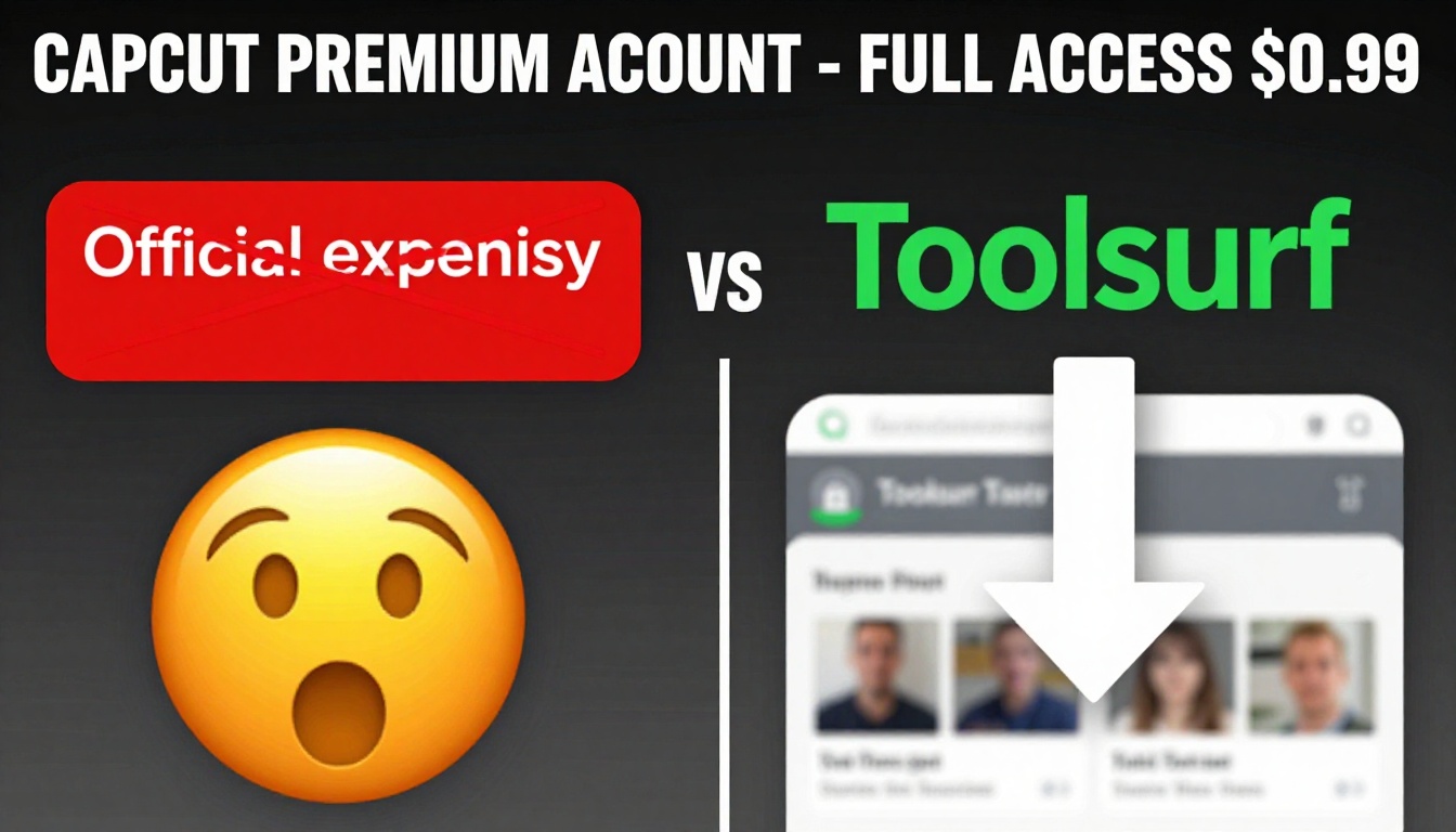 YouTube thumbnail marketing style. Bold white text "CAPCUT PREMIUM ACCOUNT - FULL ACCESS $0.99".