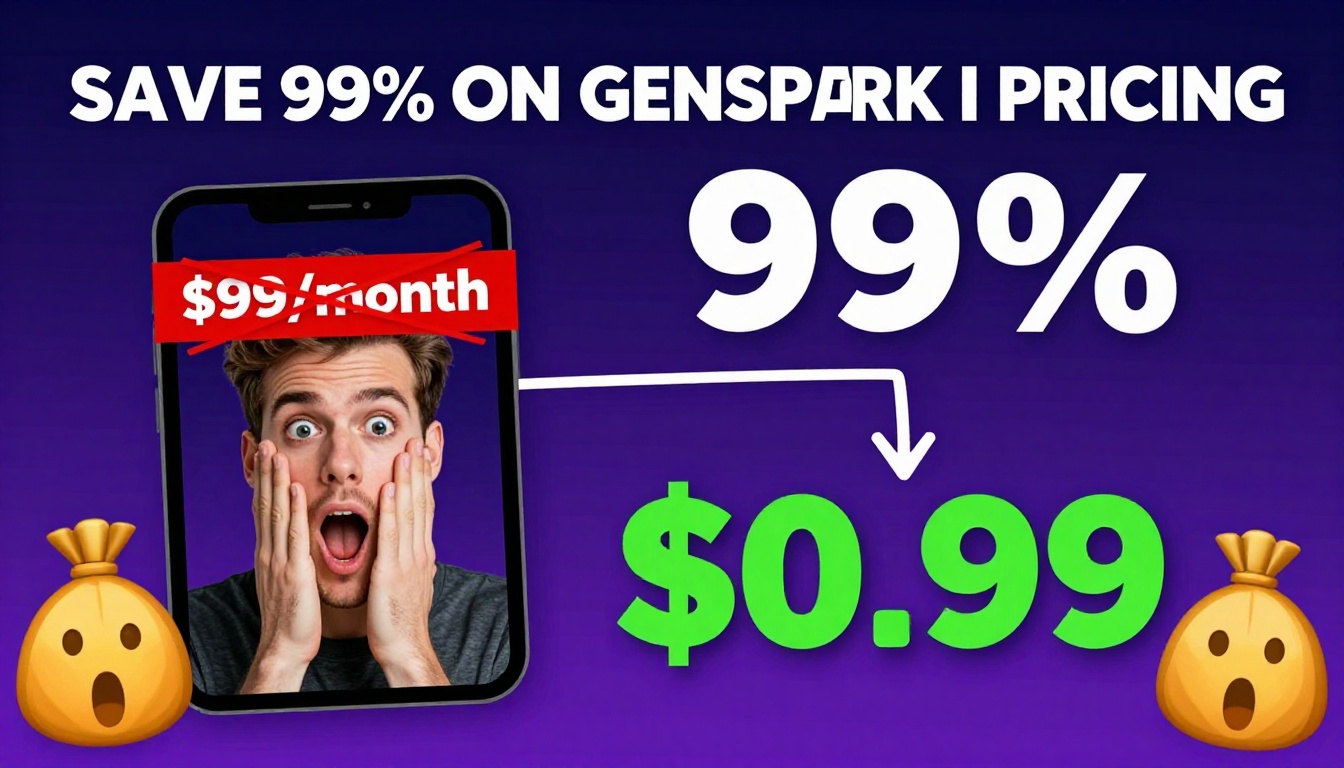 YouTube thumbnail marketing style. Bold white text "SAVE 99% ON GENSPARK AI PRICING".
Split