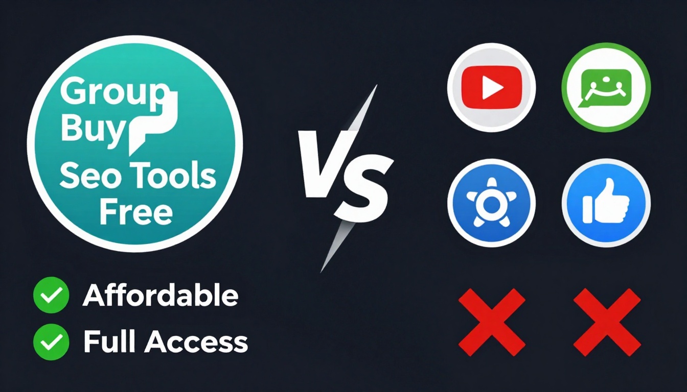 YouTube thumbnail marketing style. "VS" comparison layout.
Group Buy Seo Tools Free logo/ico
