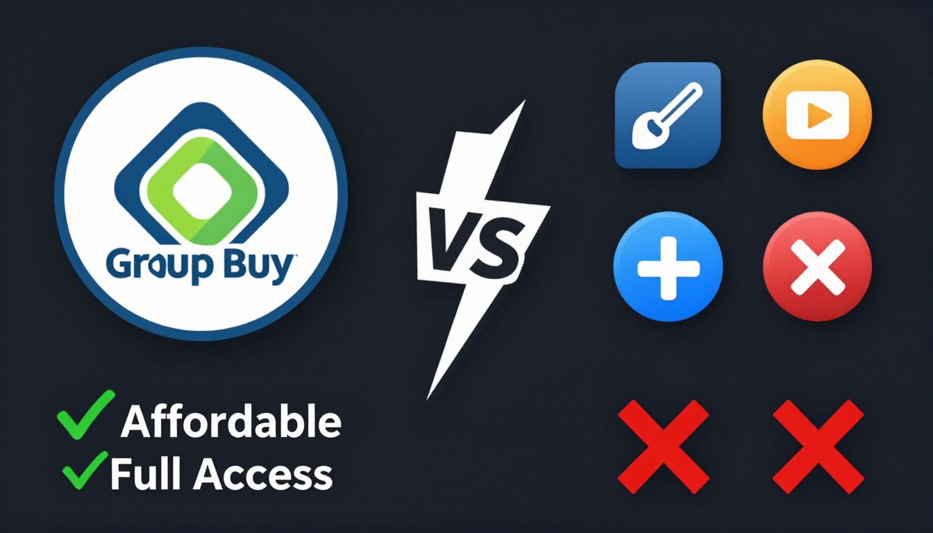 YouTube thumbnail marketing style. "VS" comparison layout.
Group Buy Seo Tools Review logo/i