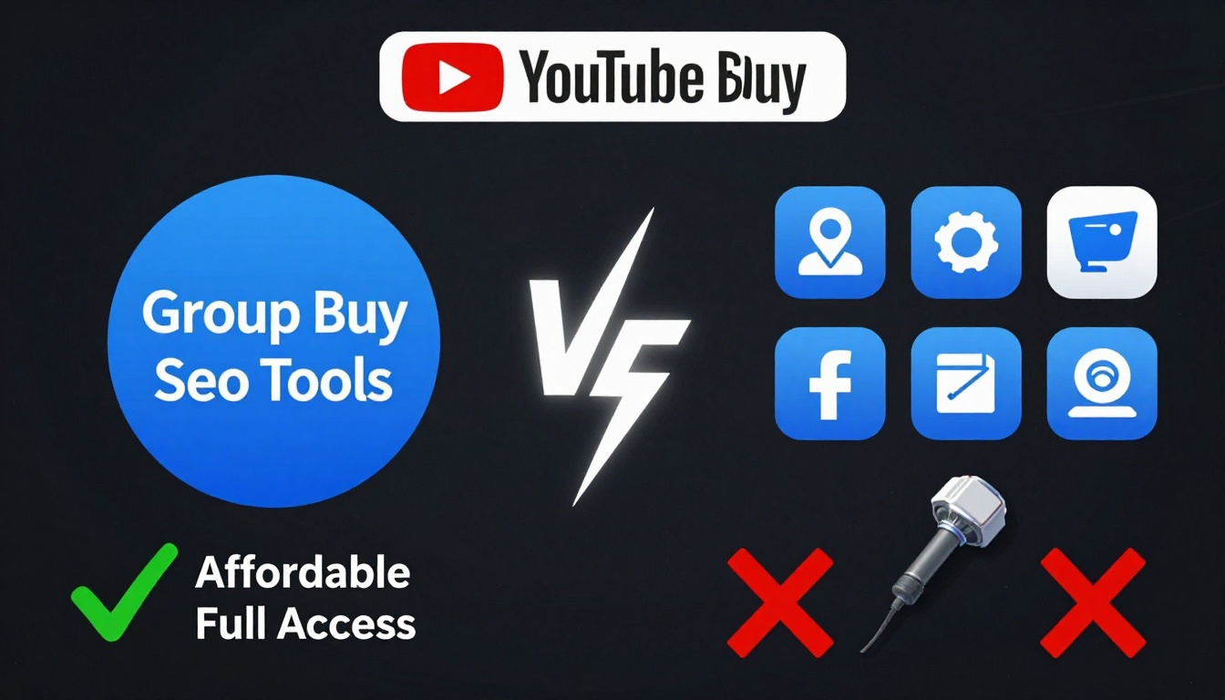 YouTube thumbnail marketing style. "VS" comparison layout.
Group Buy Seo Tools Script logo/i