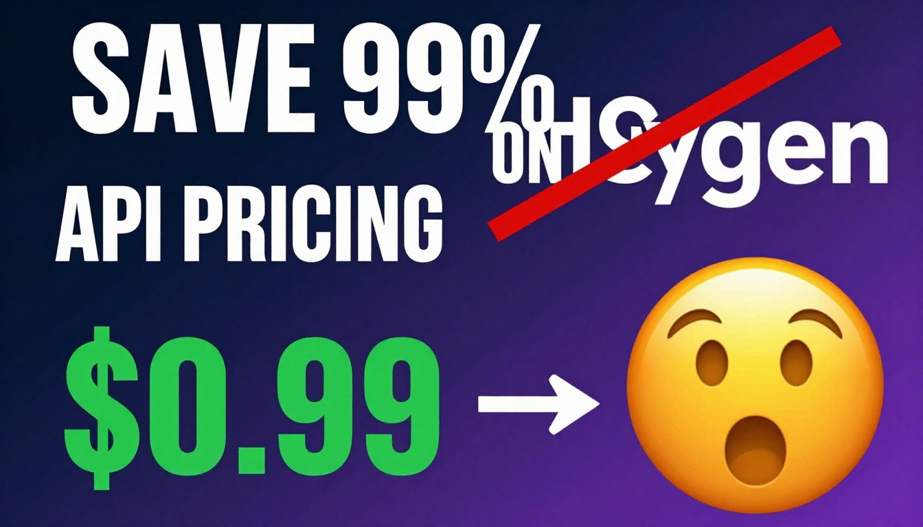 YouTube thumbnail marketing style. Bold white text "SAVE 99% ON HEYGEN API PRICING".
Split