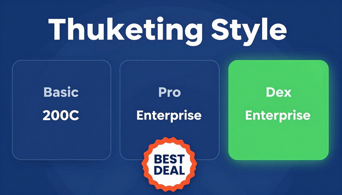 YouTube thumbnail marketing style. Pricing tier comparison visual.
Three pricing boxes: Basi
