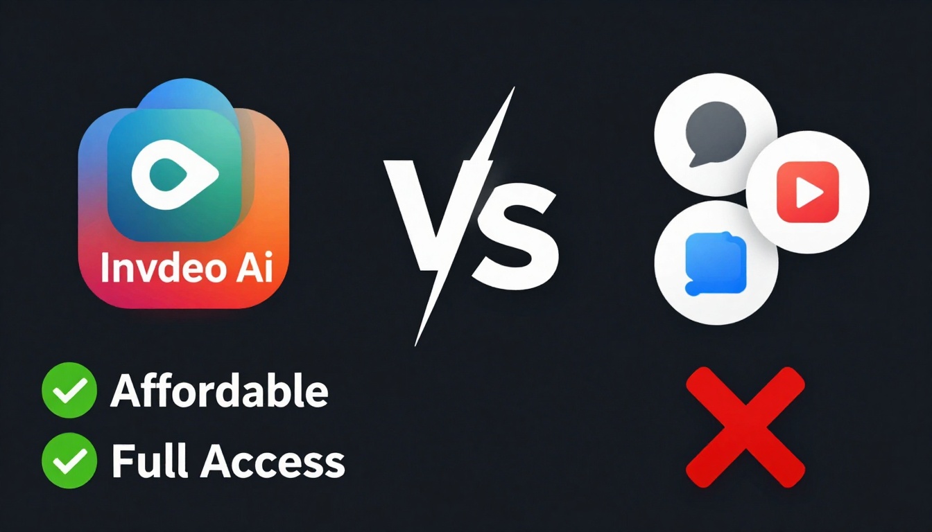 YouTube thumbnail marketing style. "VS" comparison layout.
Invideo Ai Group Buy logo/icon on