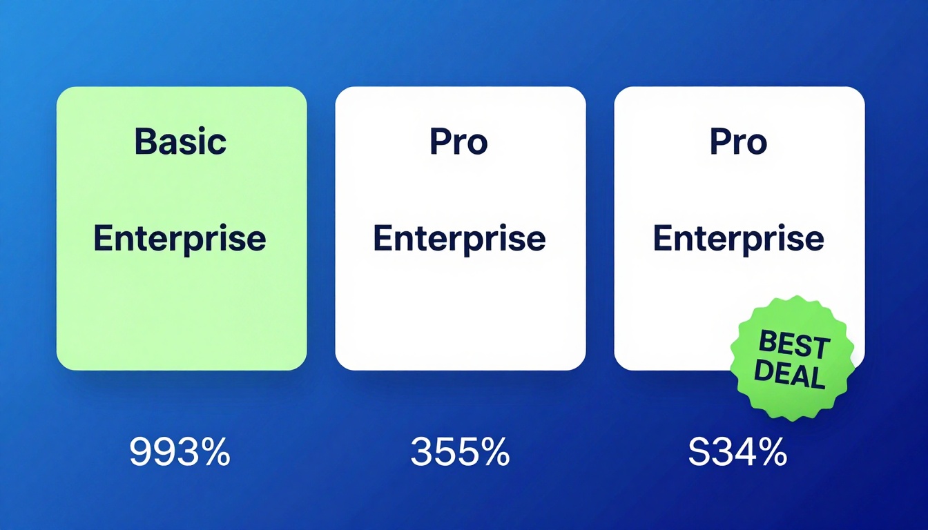 YouTube thumbnail marketing style. Pricing tier comparison visual.
Three pricing boxes: Basi