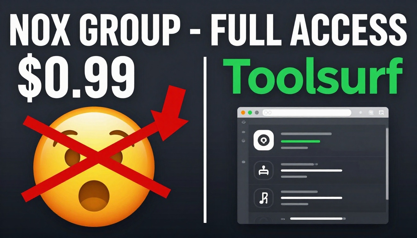 YouTube thumbnail marketing style. Bold white text "NOX GROUP - FULL ACCESS $0.99".
Split sc