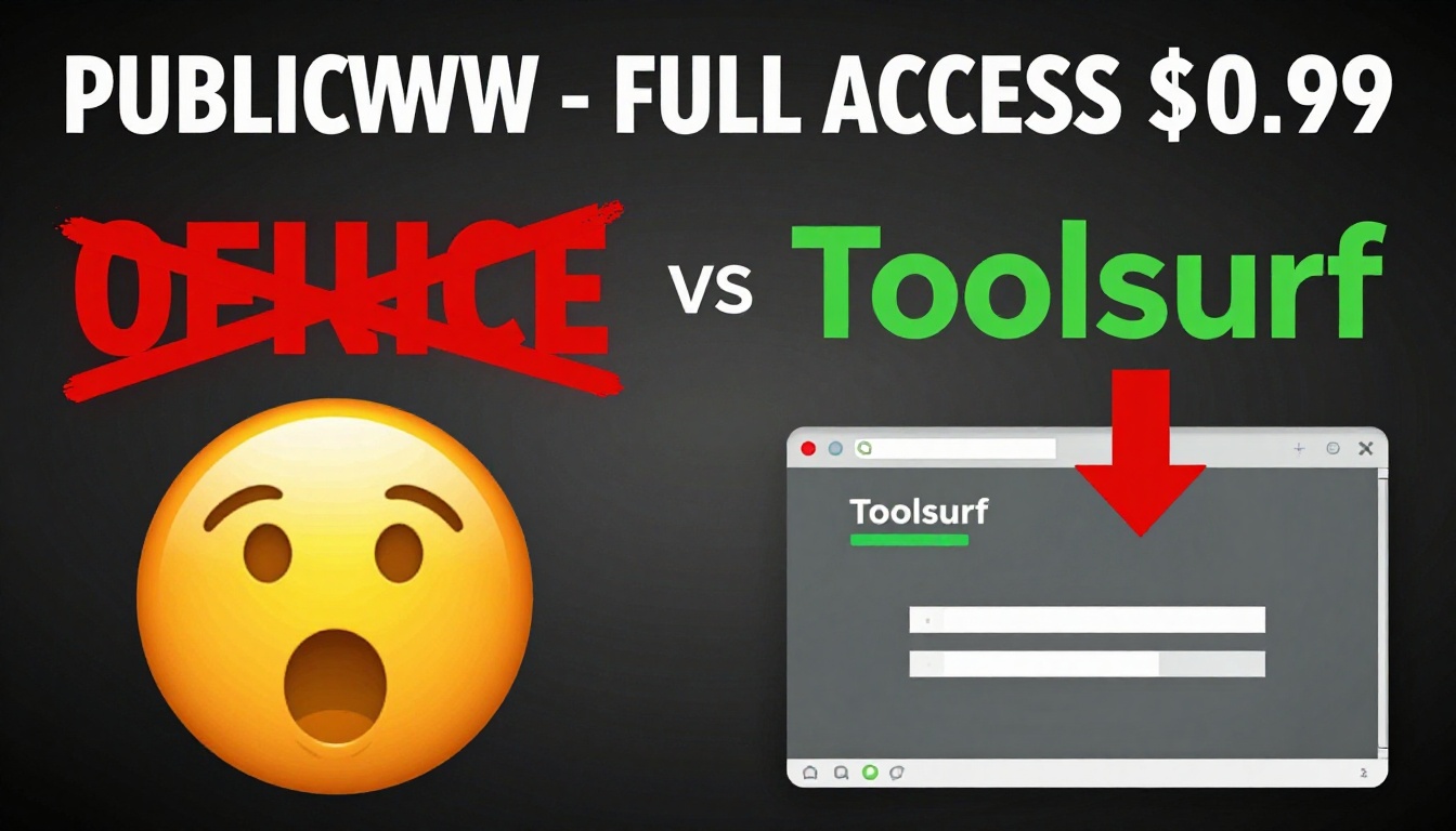 YouTube thumbnail marketing style. Bold white text "PUBLICWWW - FULL ACCESS $0.99".
Split sc