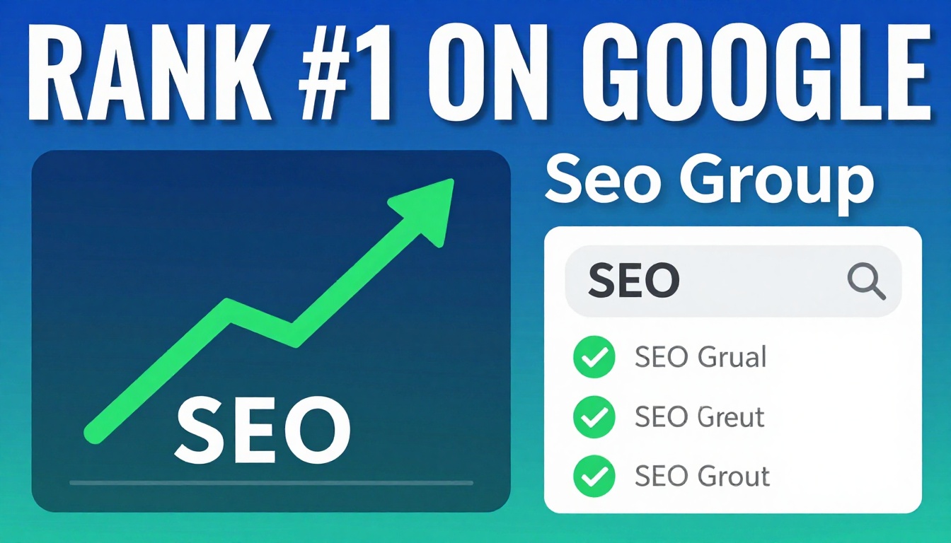 YouTube thumbnail marketing style. Bold text "RANK #1 ON GOOGLE" with Seo Group.
SEO graph s