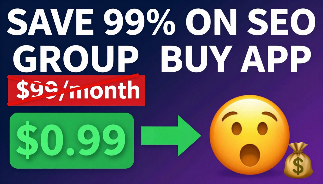 YouTube thumbnail marketing style. Bold white text "SAVE 99% ON SEO GROUP BUY APP".
Split s