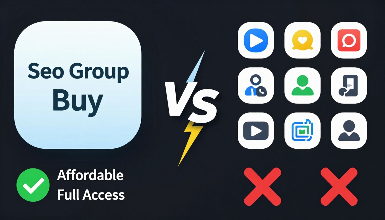 YouTube thumbnail marketing style. "VS" comparison layout.
Seo Group Buy App logo/icon on le