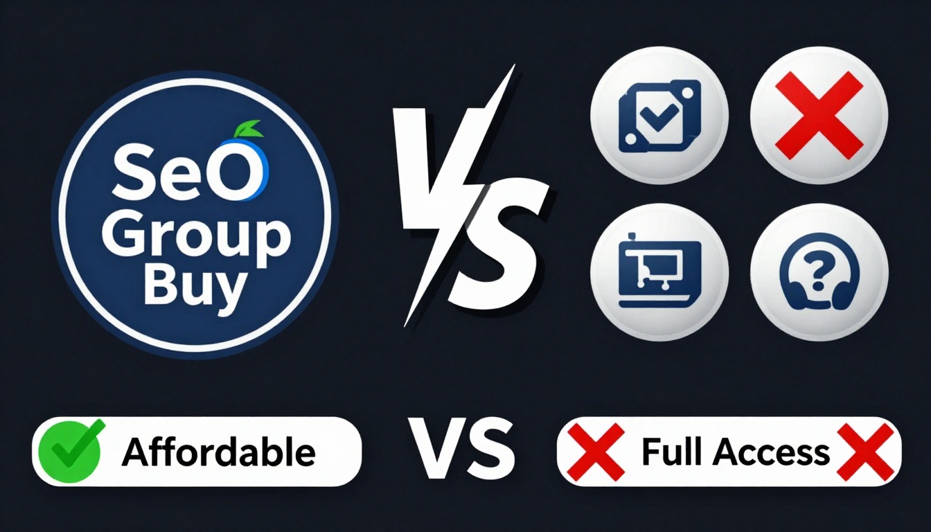 YouTube thumbnail marketing style. "VS" comparison layout.
Seo Group Buy Reviews logo/icon o