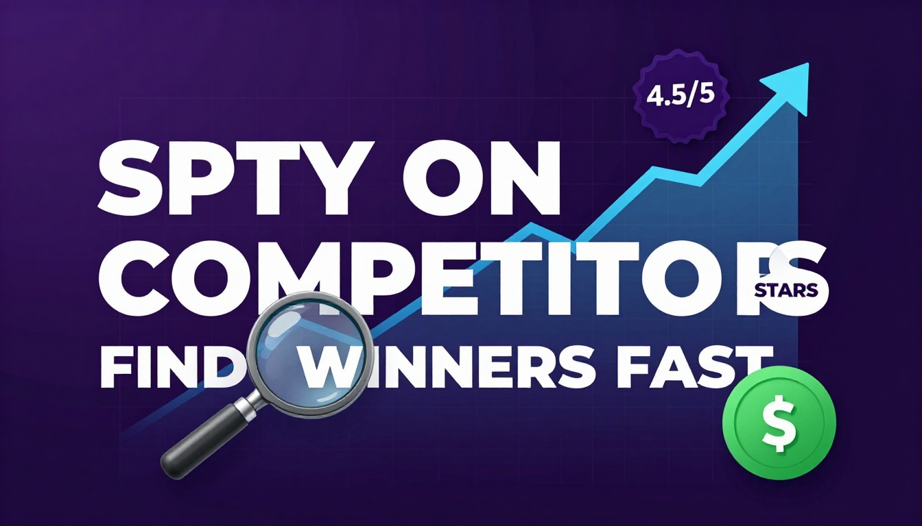 YouTube thumbnail marketing style. Bold white text "SPY ON COMPETITORS" or "FIND WINNERS FAST".