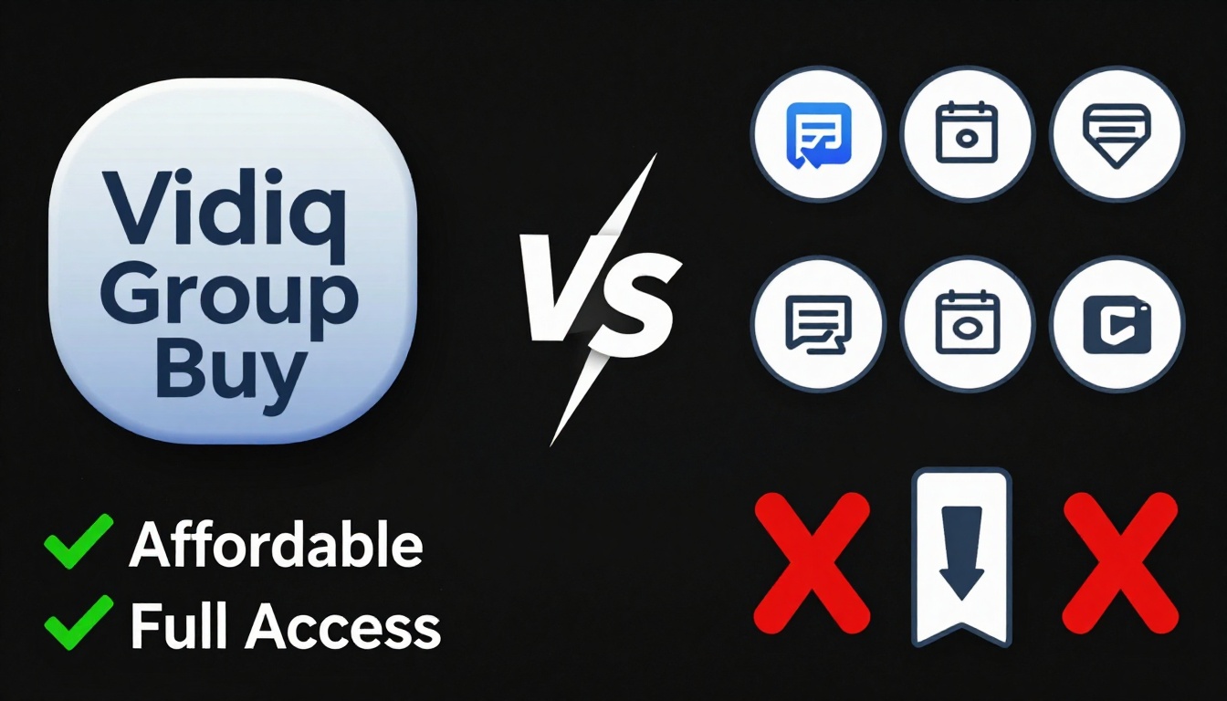 YouTube thumbnail marketing style. "VS" comparison layout.
Vidiq Group Buy logo/icon on left