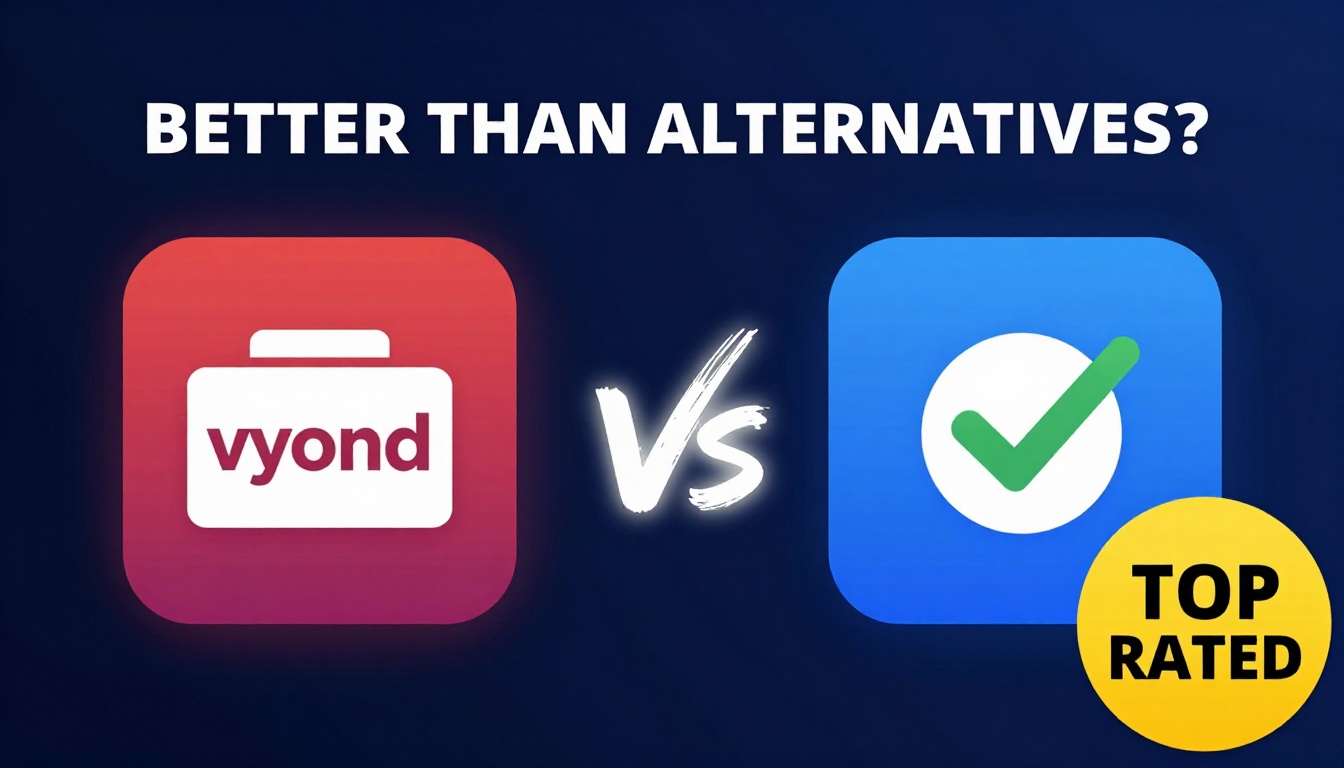 YouTube thumbnail marketing style. Bold text "BETTER THAN ALTERNATIVES?"
Vyond Coupon Code i
