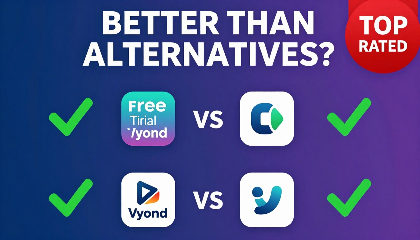 YouTube thumbnail marketing style. Bold text "BETTER THAN ALTERNATIVES?"
Vyond Free Trial ic