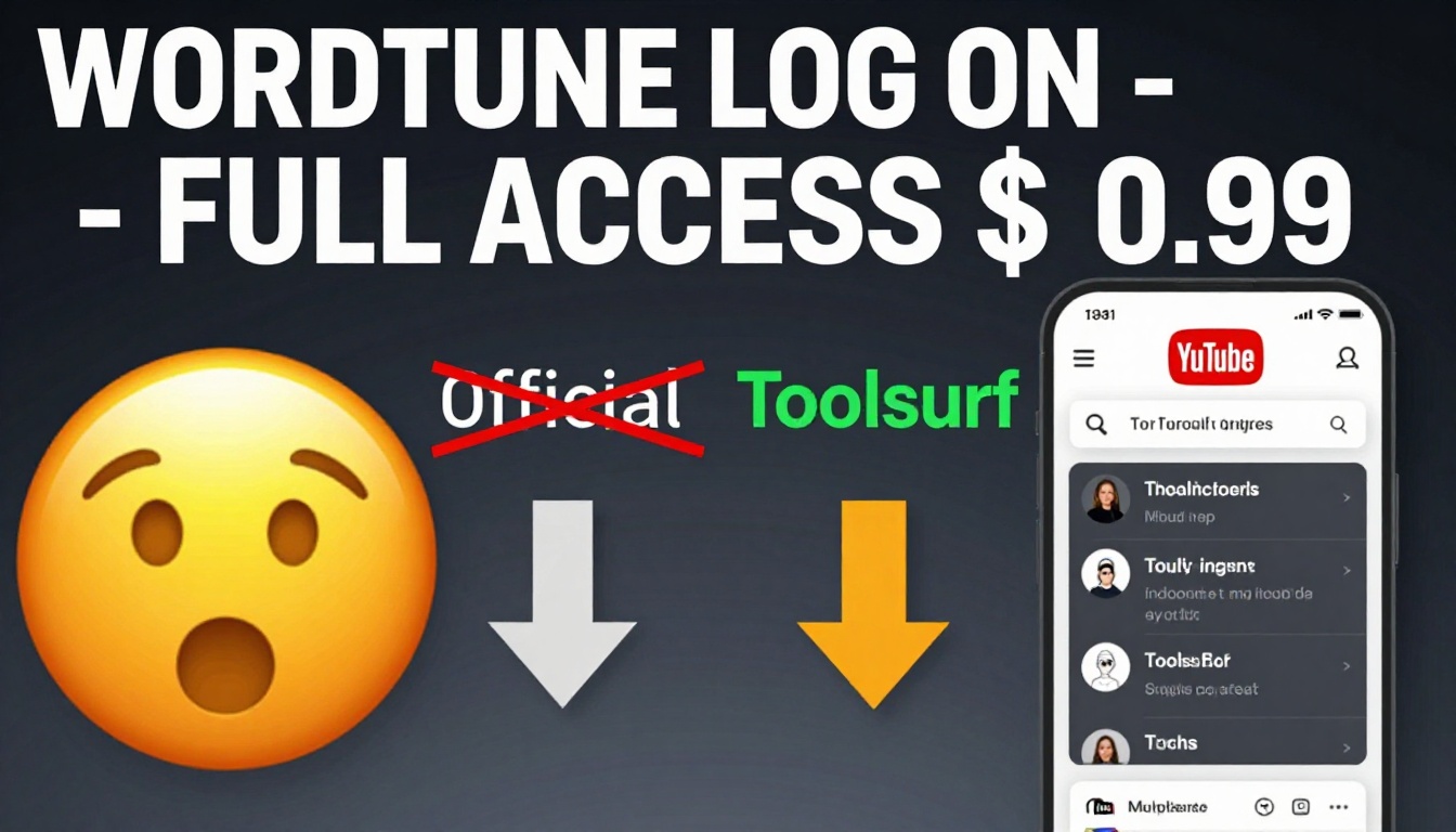 YouTube thumbnail marketing style. Bold white text "WORDTUNE LOG IN - FULL ACCESS $0.99".
Sp