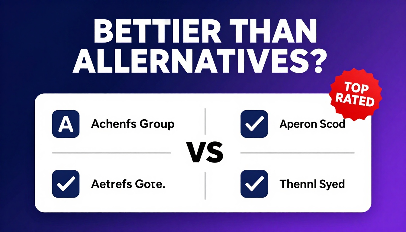 YouTube thumbnail marketing style. Bold text "BETTER THAN ALTERNATIVES?"
Ahrefs Group Share