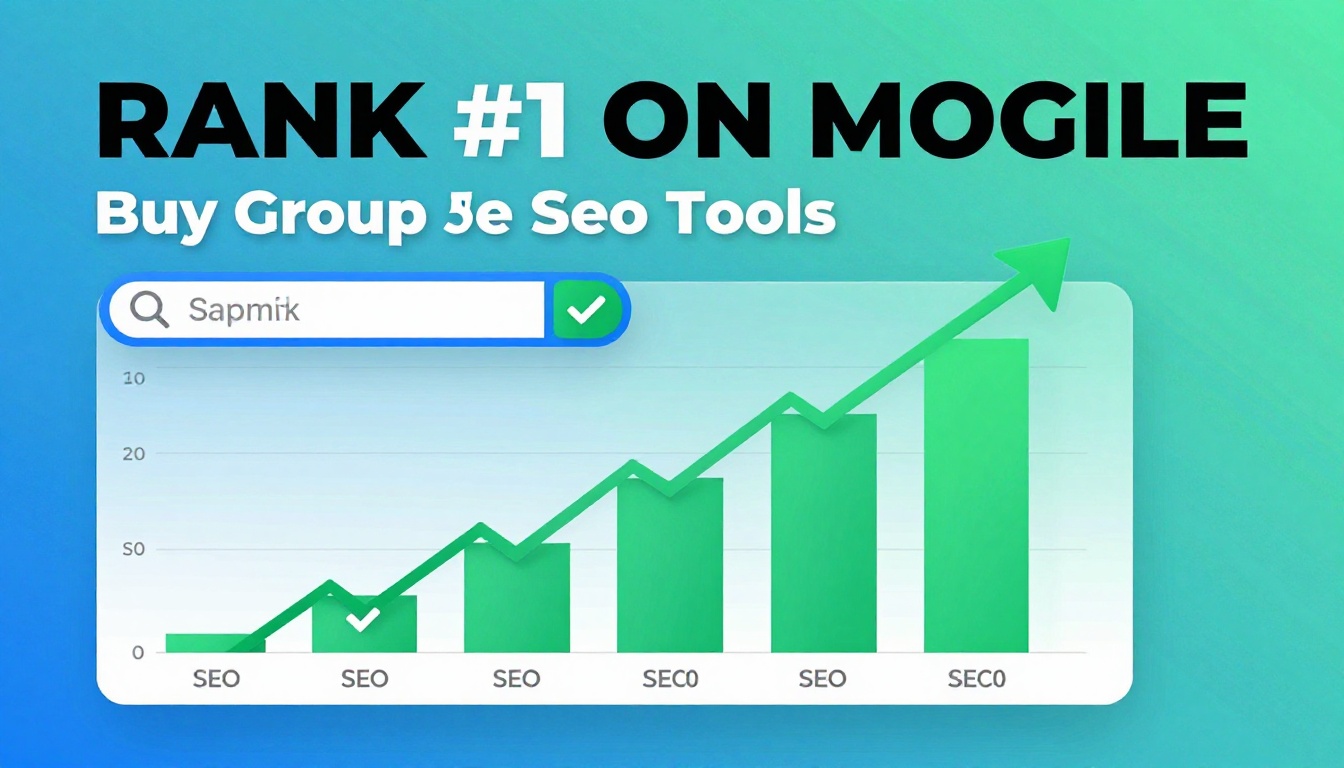 YouTube thumbnail marketing style. Bold text "RANK #1 ON GOOGLE" with Buy Group Seo Tools.
S