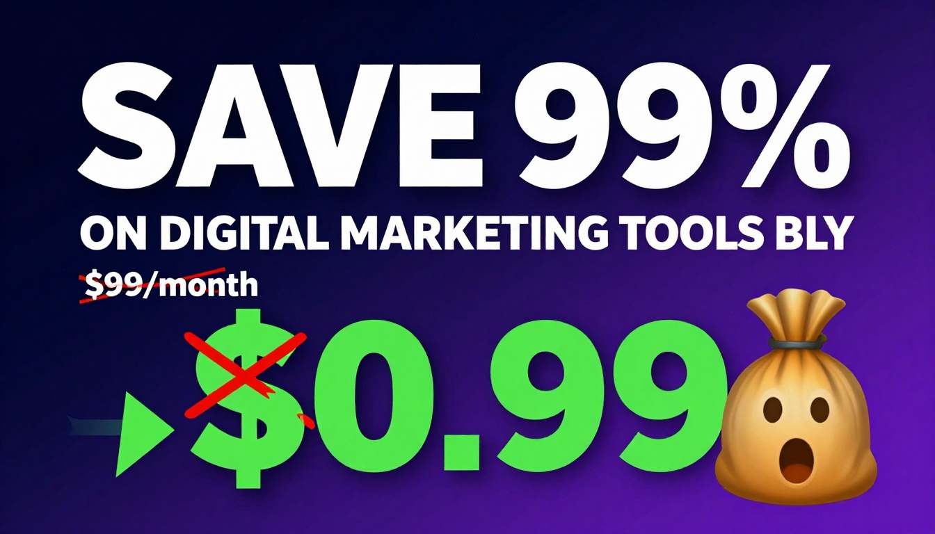 YouTube thumbnail marketing style. Bold white text "SAVE 99% ON DIGITAL MARKETING TOOLS GROUP BUY".