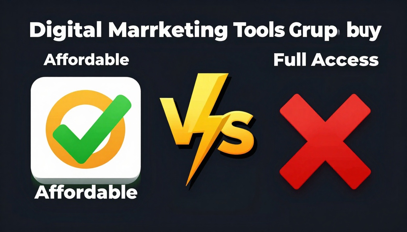 YouTube thumbnail marketing style. "VS" comparison layout.
Digital Marketing Tools Group Buy