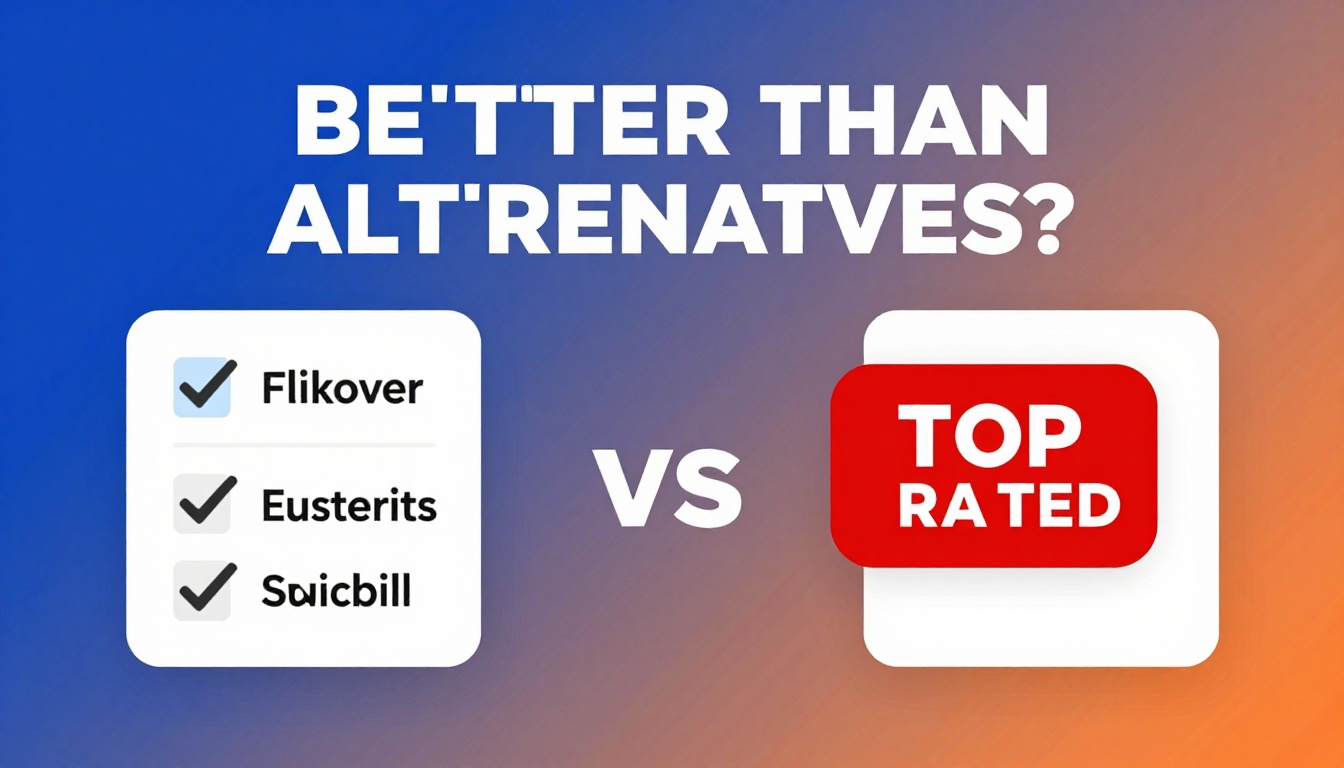 YouTube thumbnail marketing style. Bold text "BETTER THAN ALTERNATIVES?"
Flikover icon vs co