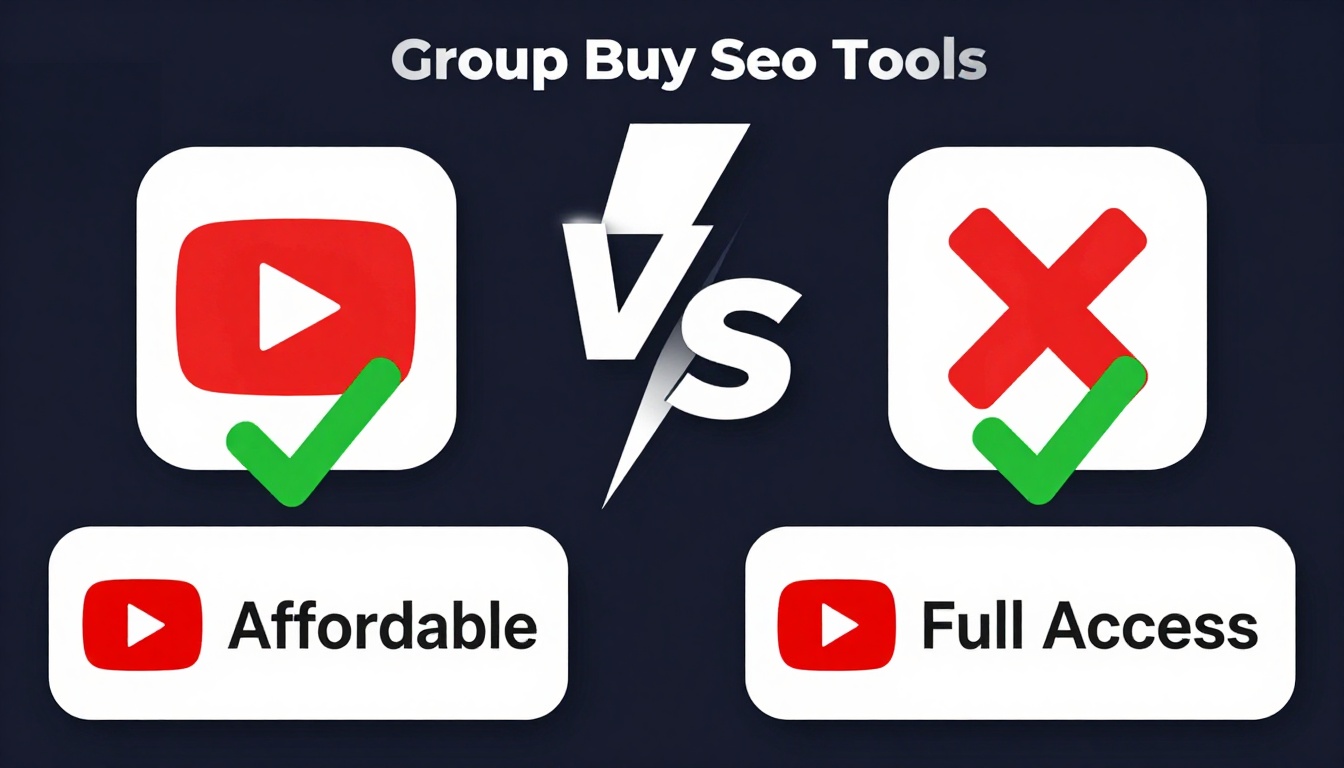 YouTube thumbnail marketing style. "VS" comparison layout.
Group Buy Seo Tools Alternative l