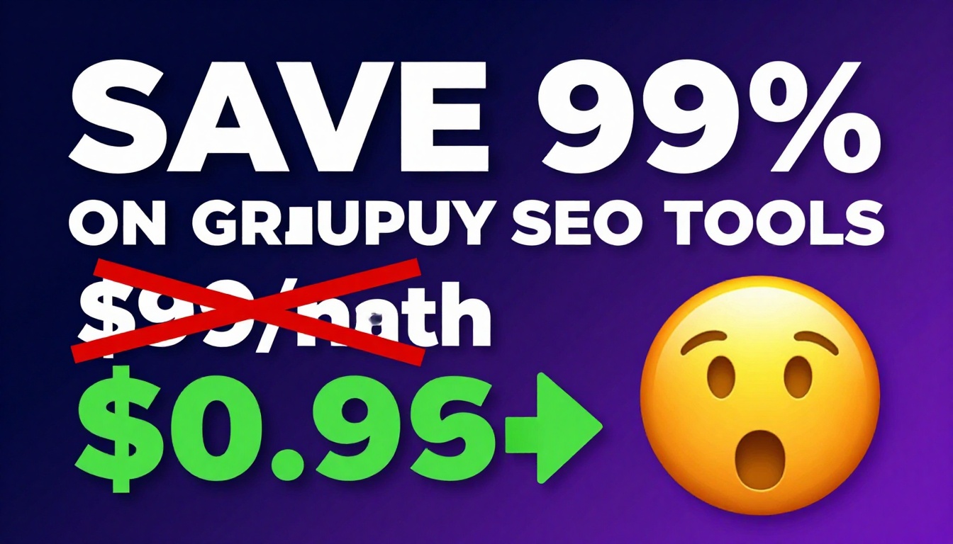 YouTube thumbnail marketing style. Bold white text "SAVE 99% ON GROUP BUY SEO TOOLS REDDIT".