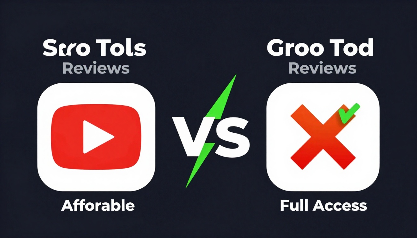 YouTube thumbnail marketing style. "VS" comparison layout.
Group Buy Seo Tools Reviews logo/