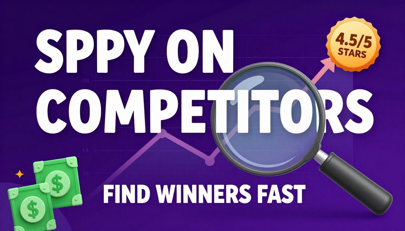 YouTube thumbnail marketing style. Bold white text "SPY ON COMPETITORS" or "FIND WINNERS FAST".