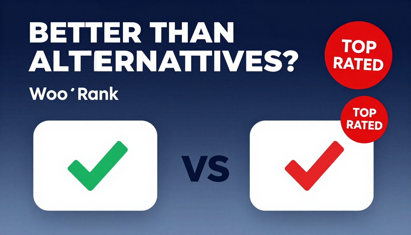 YouTube thumbnail marketing style. Bold text "BETTER THAN ALTERNATIVES?"
Woo Rank icon vs co