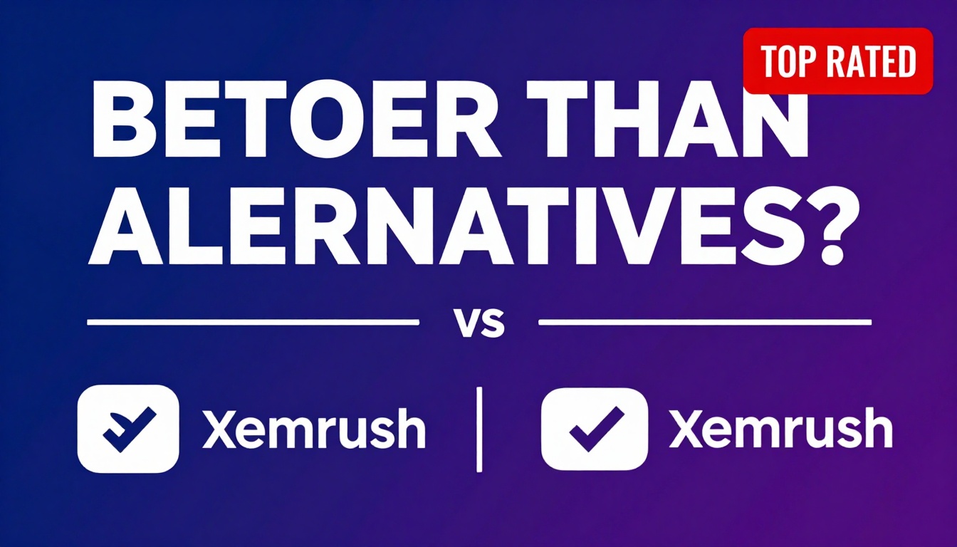 YouTube thumbnail marketing style. Bold text "BETTER THAN ALTERNATIVES?"
Xemrush icon vs com