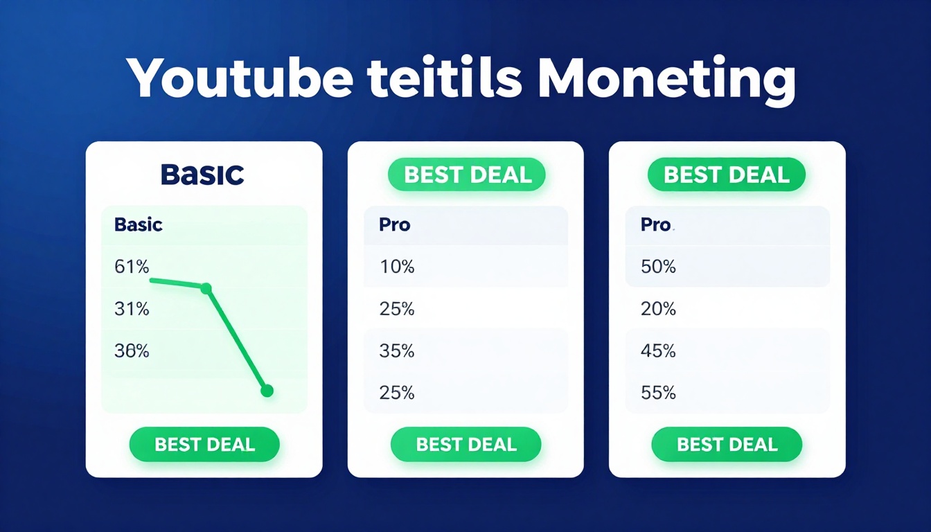 YouTube thumbnail marketing style. Pricing tier comparison visual.
Three pricing boxes: Basi