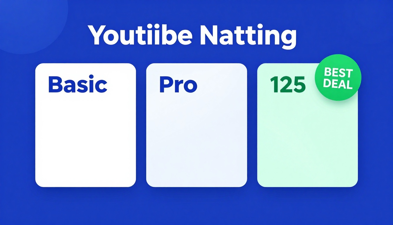 YouTube thumbnail marketing style. Pricing tier comparison visual.
Three pricing boxes: Basi