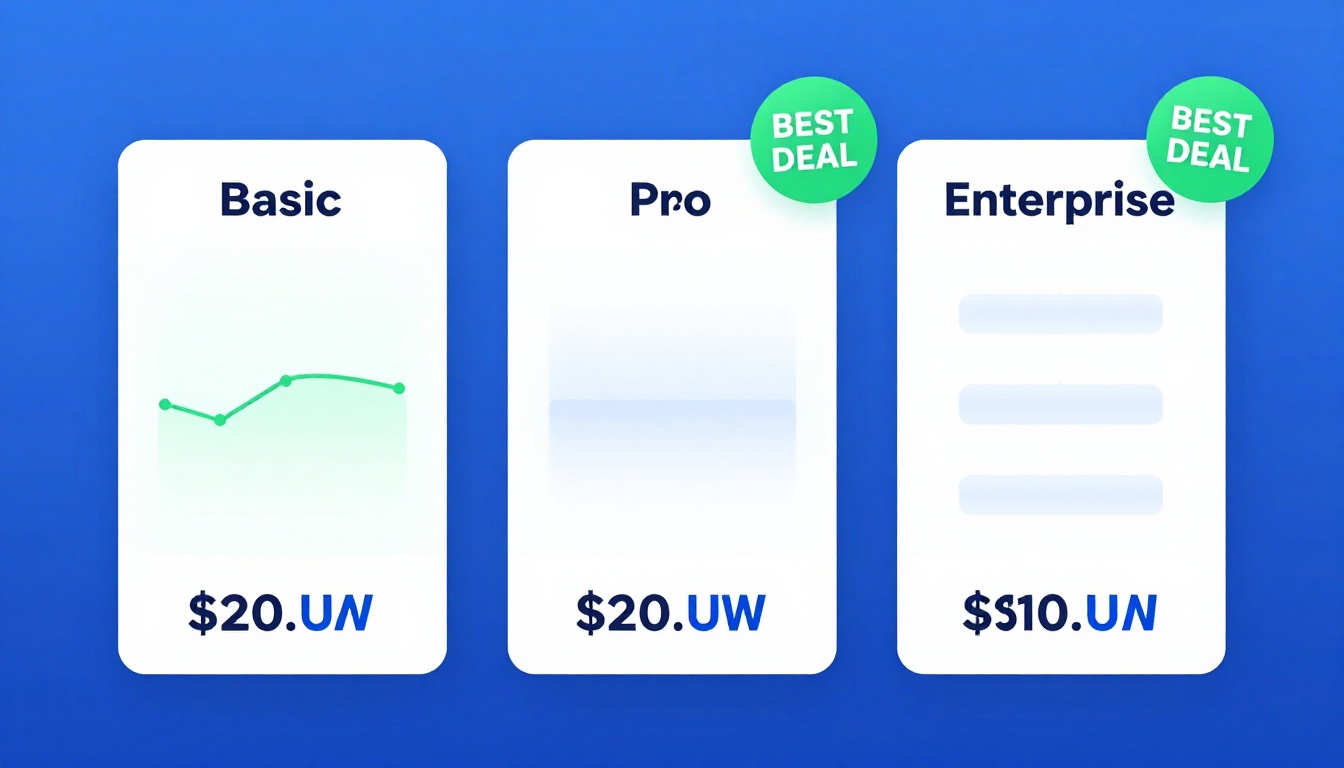 YouTube thumbnail marketing style. Pricing tier comparison visual.
Three pricing boxes: Basi