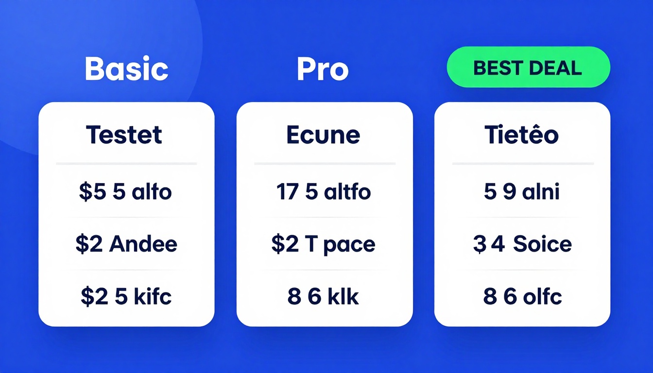 YouTube thumbnail marketing style. Pricing tier comparison visual.
Three pricing boxes: Basi