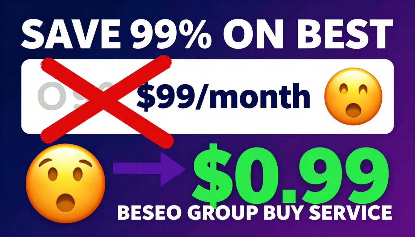 YouTube thumbnail marketing style. Bold white text "SAVE 99% ON BEST SEO GROUP BUY SERVICE".