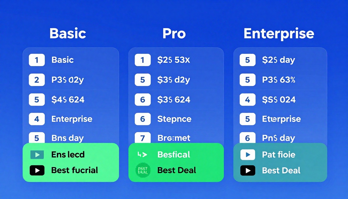 YouTube thumbnail marketing style. Pricing tier comparison visual.
Three pricing boxes: Basi
