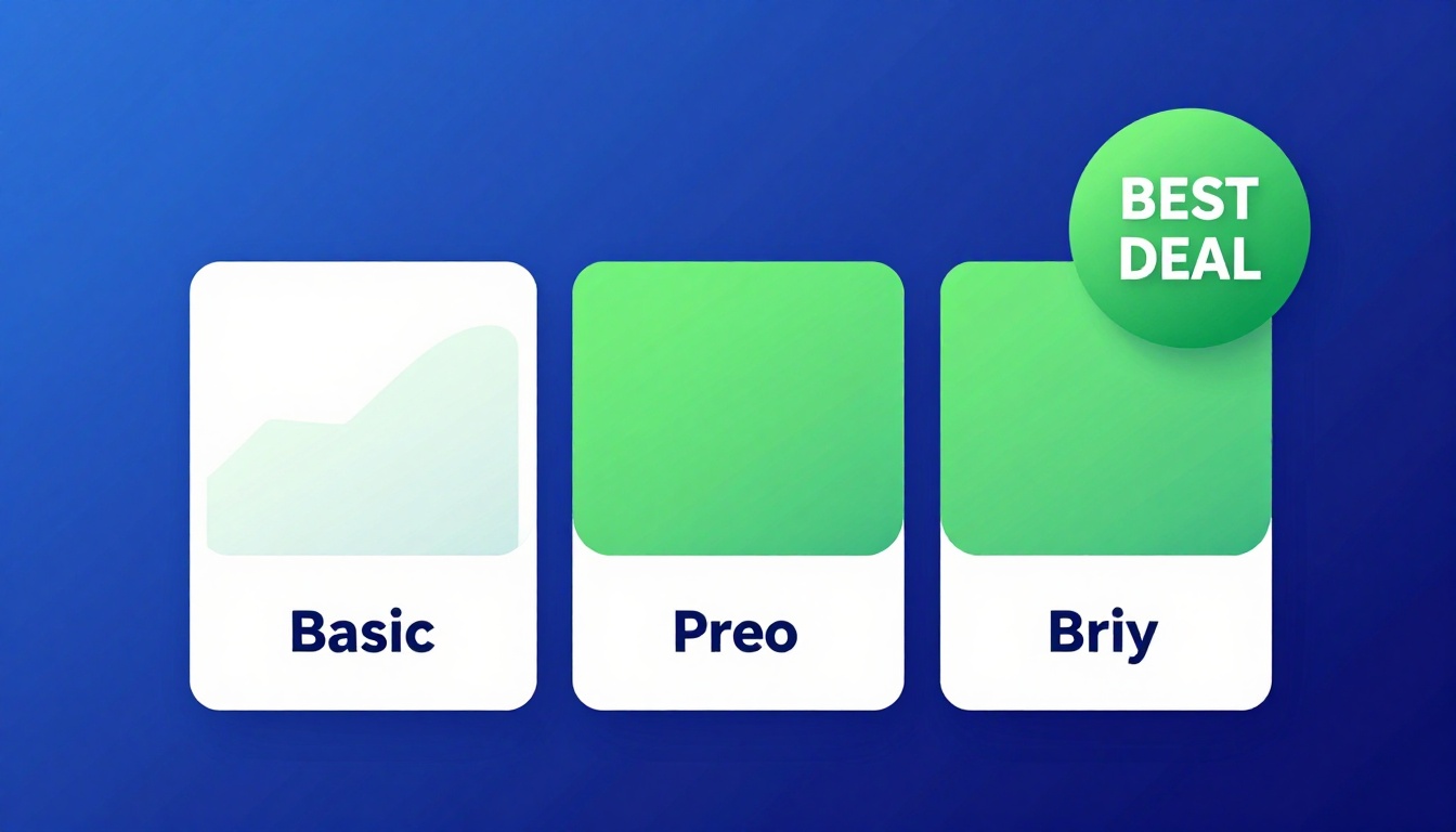 YouTube thumbnail marketing style. Pricing tier comparison visual.
Three pricing boxes: Basi
