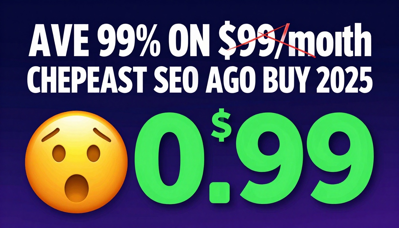 YouTube thumbnail marketing style. Bold white text "SAVE 99% ON CHEAPEST SEO GROUP BUY 2025".