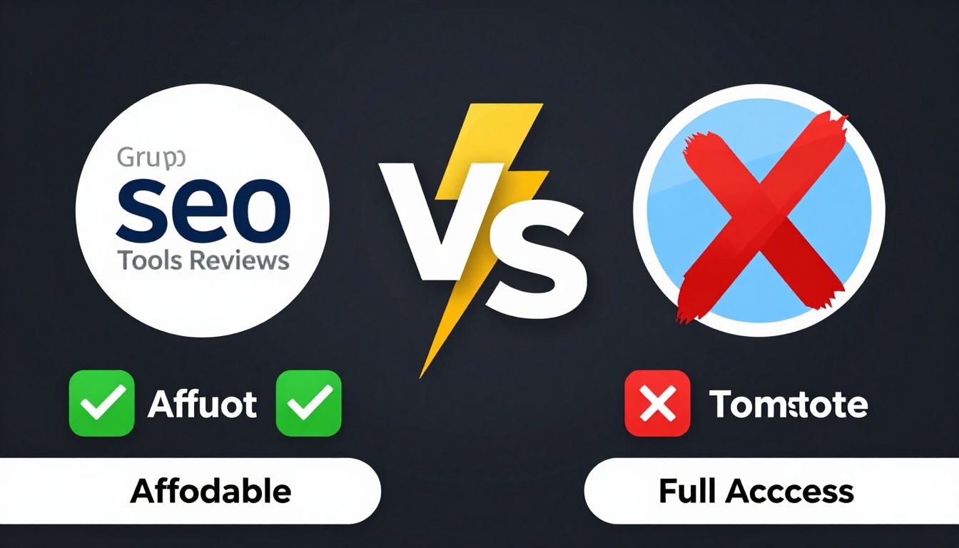 YouTube thumbnail marketing style. "VS" comparison layout.
Group Buy Seo Tools Reviews Compl