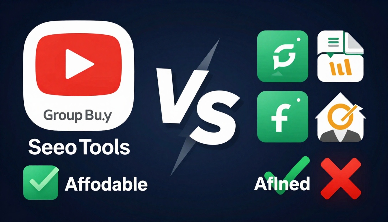 YouTube thumbnail marketing style. "VS" comparison layout.
Group Buy Seo Tools Reviews Trust