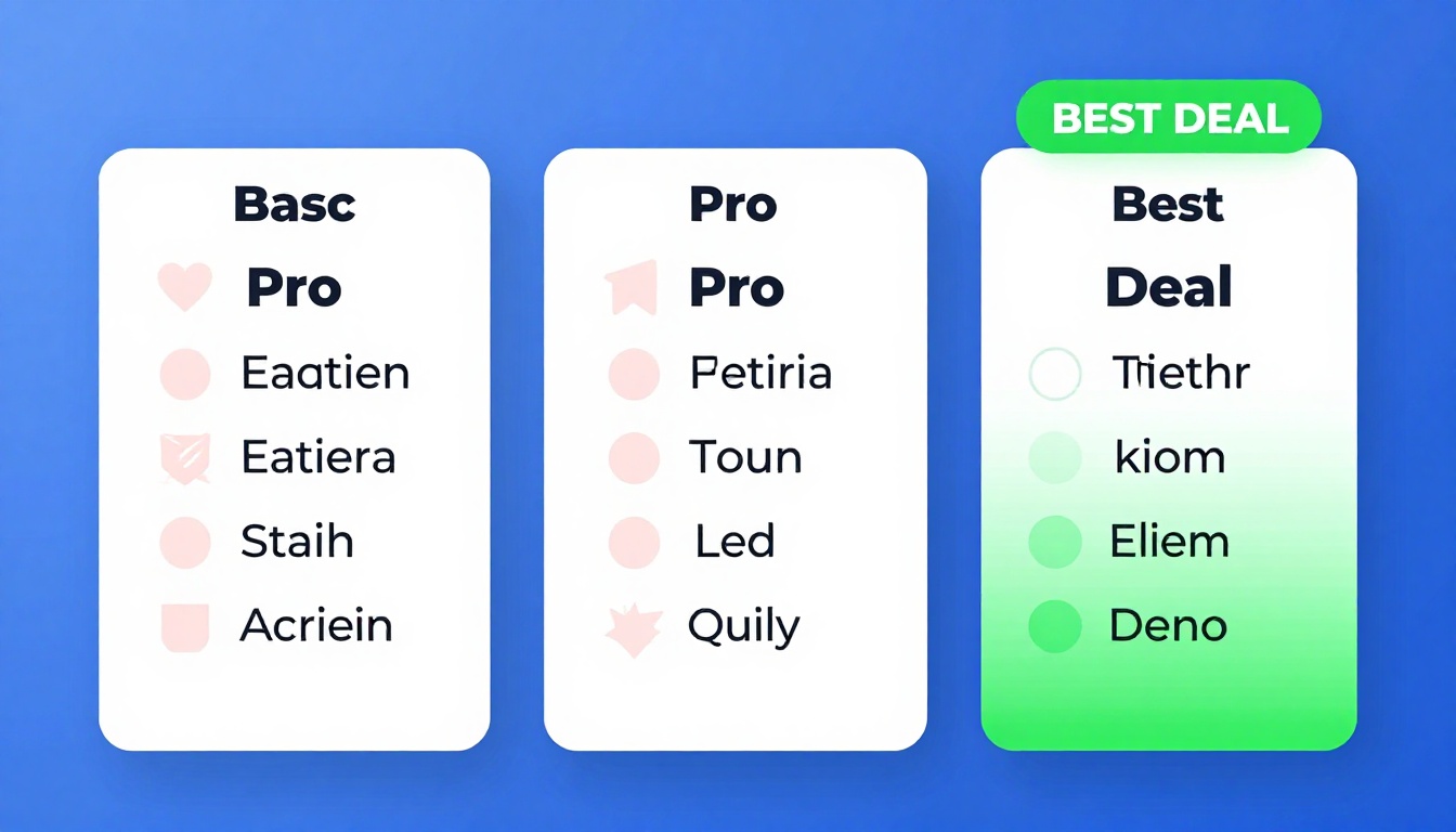 YouTube thumbnail marketing style. Pricing tier comparison visual.
Three pricing boxes: Basi