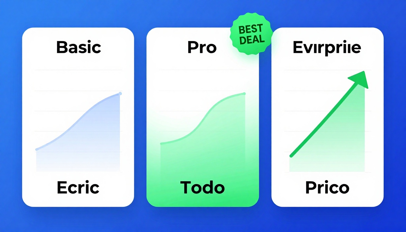 YouTube thumbnail marketing style. Pricing tier comparison visual.
Three pricing boxes: Basi