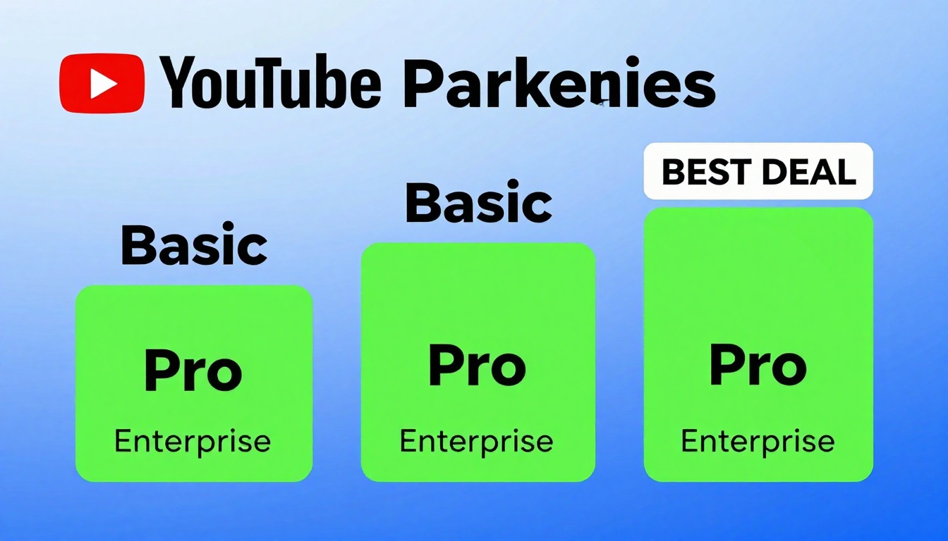 YouTube thumbnail marketing style. Pricing tier comparison visual.
Three pricing boxes: Basi