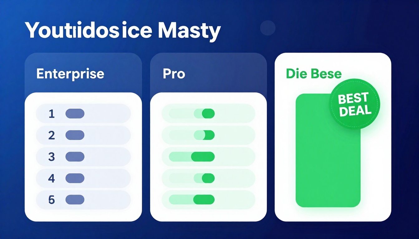 YouTube thumbnail marketing style. Pricing tier comparison visual.
Three pricing boxes: Basi