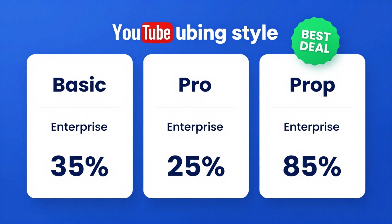 YouTube thumbnail marketing style. Pricing tier comparison visual.
Three pricing boxes: Basi