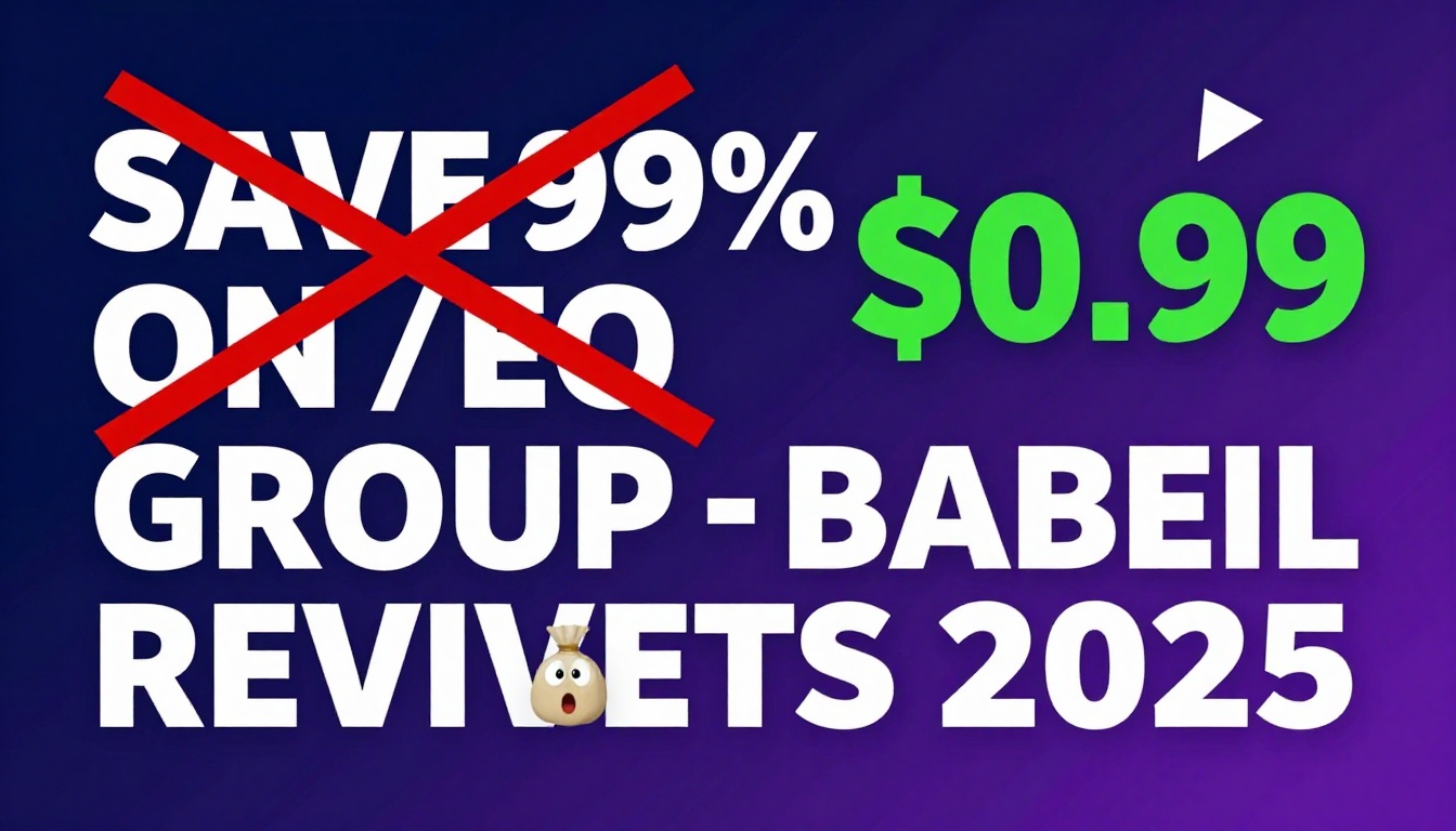 YouTube thumbnail marketing style. Bold white text "SAVE 99% ON SEO GROUP BUY REVIEWS 2025".